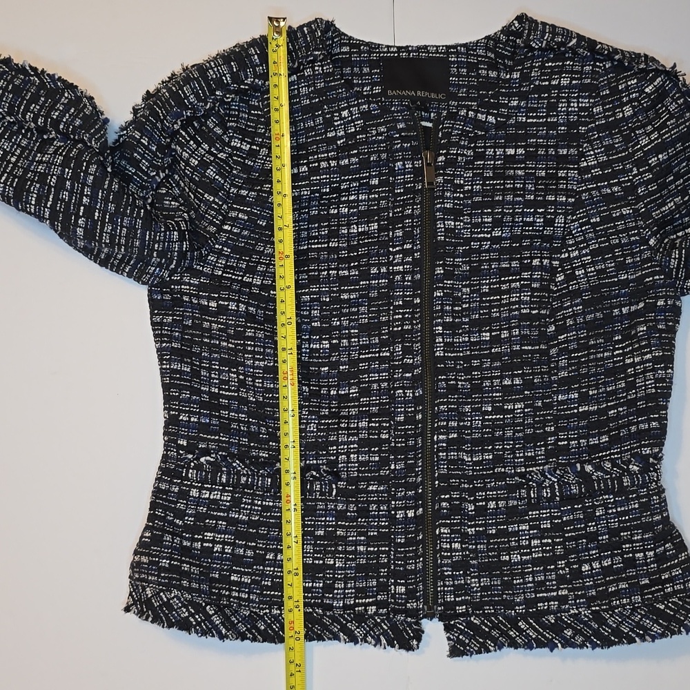 Banana Republic Tweed Zip Up Fringe Navy Off white Cotton Blend Jacket Blazer 4 - Picture 13 of 15